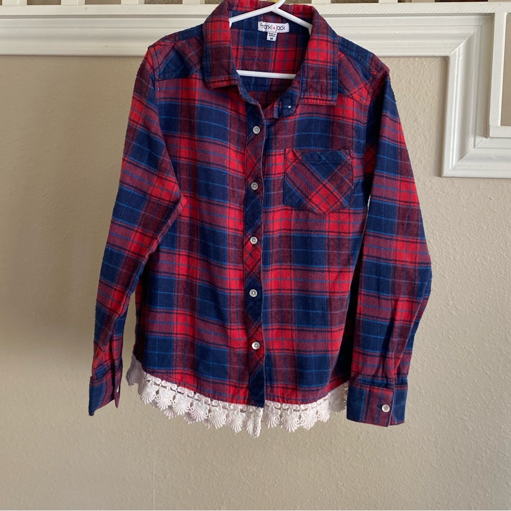 Girls button down flannel with lace hem